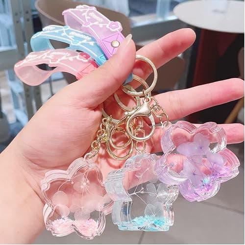 Fishjhan Cute Keychains for Women Girl Kawaii Car Keys Accessories Liquid Flower Water Backpack Keychain - Pink thumbnail 4