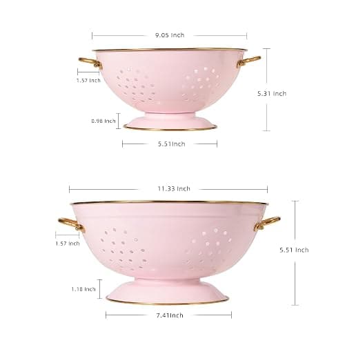 BeFare Metal Colander Set of 2, Strainer Basket with Handles 3.5 & 5 Qt Powder Coated Self-draining Solid Ring Base Metal Large Kitchen Colander Bowel for Pasta Vegetable Fruit (PINK), 2pack thumbnail 3