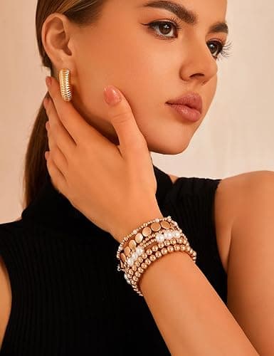 KISS WIFE Gold Beaded Bracelets for Women, Stackable Stretch Bracelet Set | 13 stretch bracelets combine polished gold-tone beads and faux pearls for stacked or individual everyday styling. thumbnail 5