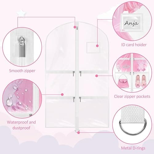 Wsaeig Garment Bags for Dance Costumes - 40 Inch Clear PVC with 5 Zipper Pockets (3 Pack, White) - Kids Dance Garment Bag for Dancers, Hanging Clothes Storage, Competitions & Travel (‎Clear White) thumbnail 5