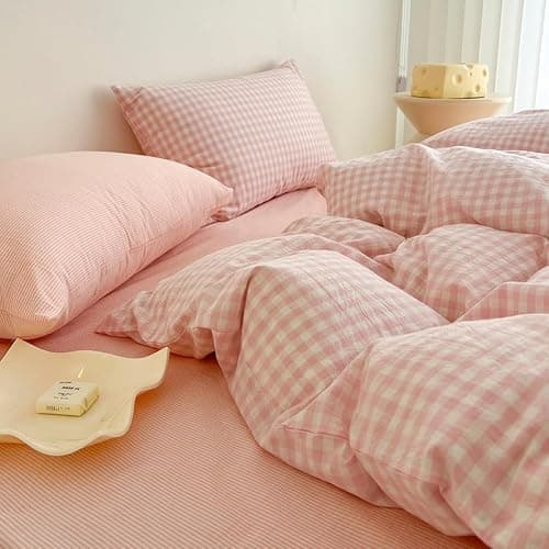 Covebett Duvet Cover Single Pink White Grid Washed Microfiber Bedding Set Cute Girls Women Checked Plaid Quilt Cover 135x200 Zipper Closure and 1 Pillowcase 50x75cm thumbnail 3