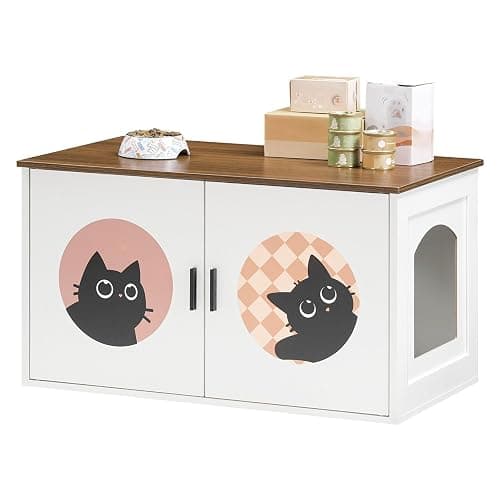HOOBRO Cat Litter Box Enclosure with Cute Cat Patterns and Arched Entrance, Hidden Litter Box Enclosure Furniture, 31.3"L x 17.7"W x 17.3"H, Litter Box Cabinet, Side Table, White and Walnut WH08MW01 thumbnail 9