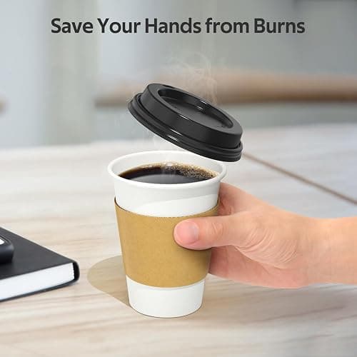 Dealusy 100 Pack 12 oz Disposable Coffee Cups with Lids and Sleeves, Sturdy Thick Paper & Leak-free Insulated to Go Paper Hot Coffee Cups with Sip Lids for Hot & Cold Beverage | with Lids, and Sleeves, Sturdy, Leak-free, Insulated, to Go Coffee Cups thumbnail 4