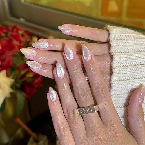 KQueenest Glitter Cat Eye Press on Nails Medium Short Almond, 30 Pcs Thick Cute Acrylic Nails Press on, Gel Fake Nails Short with UV Coating, Reusable Glue on Nails for Women Daily Wear, Nude Sparkle - Image 1