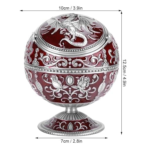 Windproof Ashtray, Vintage Ashtray with Lid, Metal Ball Cigarette Tabletop Ashtray with Wine Red Globe Fly Dragon Shape for Outdoor Indoor Home Decoration Crafts thumbnail 9