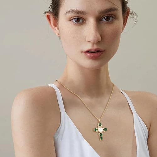 HZMAN Gold Cross Necklace for Women 18K Gold Plated Necklace Dainty Virgin Mary Cubic Zirconia Necklace Pendant Jewelry Gift thumbnail 3