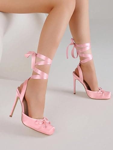 ⭐️Coutgo Womens Ballet High Heels Satin Closed Square Toe Ballerina Heels Lace Up Bow Pumps Prom Shoes thumbnail 2