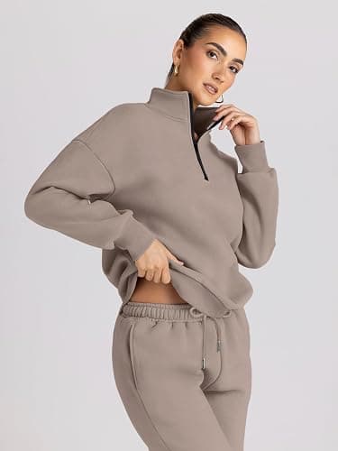 Trendy Queen Womens 2 Piece Outfits Long Sleeve Sweatsuits Half Zip Sweatshirts with Fleece Joggers Sweatpants - Coffeegrey - Large thumbnail 5