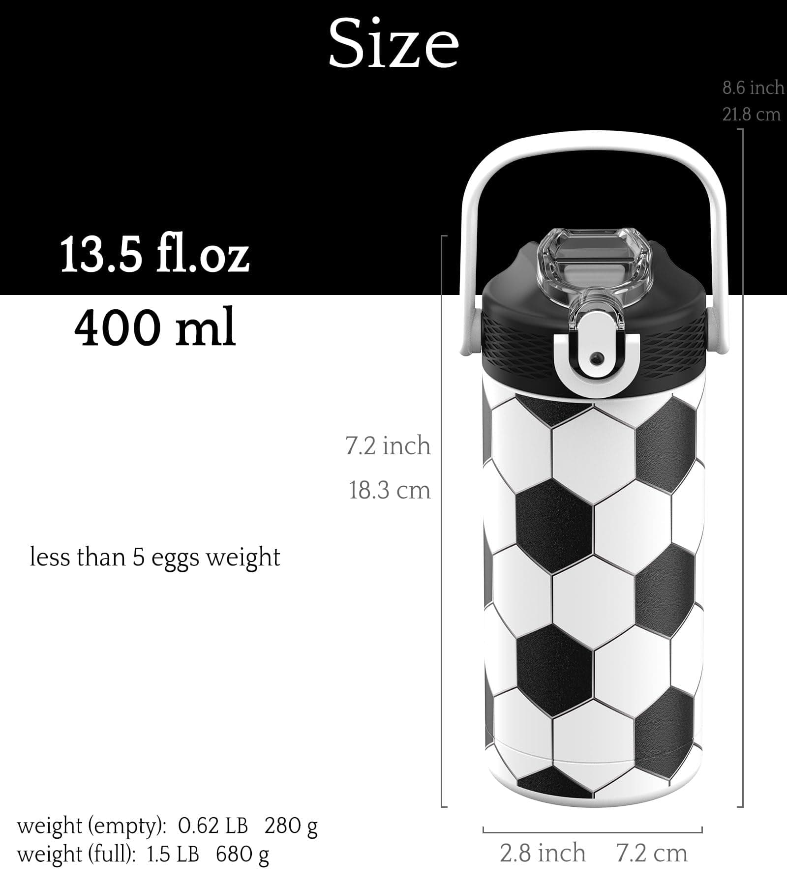 MYFOREST 400ml geïsoleerde kinderwaterfles, chirurgisch staal, origineel patroon in hoge resolutie, vaatwasserbestendig, naambadge, karabijnhaken (Voetbal) - Voetbal thumbnail 6