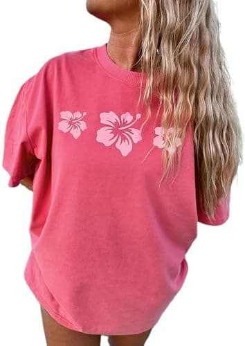 Vintage Oversized Flower Graphic Tees Cute Surfboard Palm Baggy T-Shirts Summer Preppy Beach Tops Teen Girls Clothes - Image 1