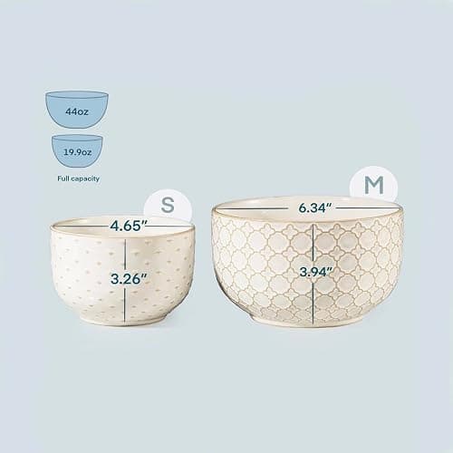 Mikiegy Ceramic Mixing Bowls Set of 4, Nesting Ceramic Embossment Stoneware Mixing Bowls for Cooking, Serving, Popcorn, Salad etc, Microwave & Dishwasher Safe, 20/44/98/145 oz, Off-White thumbnail 3