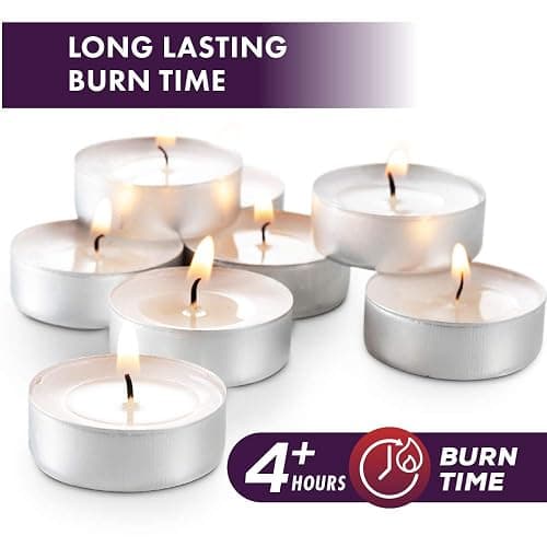 MontoPack Unscented Tea Light Candles 100 Pack | 4 hours, White, Smokeless, Dripless Small Votive Paraffin Tealights | Long-Lasting for Home, Shabbat, Weddings, Events, Emergencies | Mini Candles Bulk thumbnail 5