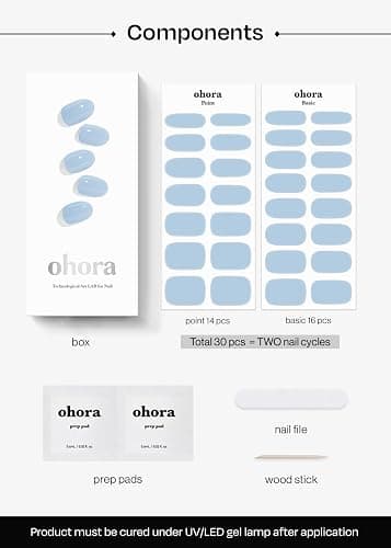 ohora Semi Cured Gel Nail Strips (N Cream Sky) - Blue, Solid, Works with Any UV/LED Lamps, Salon-Quality, Long Lasting, Easy to Apply & Remove - Includes 2 Prep Pads, Nail File & Wooden Stick thumbnail 6