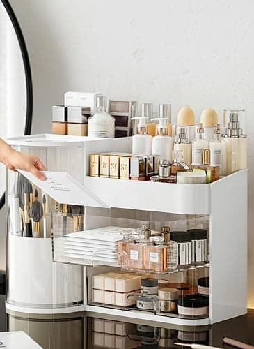 Makeup Organizer with Rotating Brush Holder Cosmetic Organizer with Drawers Countertop Skincare Organizer for Vanity,Cosmetic Display Case Storage (White, Large) thumbnail 3