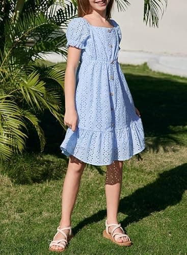 DOKOTOO KIDS Girls Summer Dress Casual Puff Sleeve A-line Button Down Eyelet Midi Dress 6-15 Years thumbnail 3