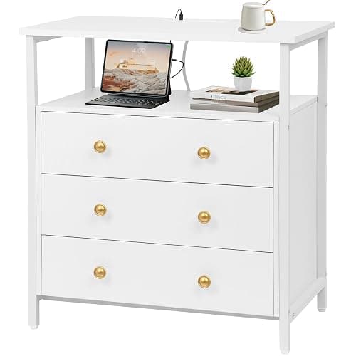 Edbuosy 3 Wooden Drawers Night Stand, 27 Inch Wide Nightstand with Charging Station and Adjustable Drawers, Small Dresser for Closet, Bedside Table for Living Room/Bedroom/Office, White. - Image 1