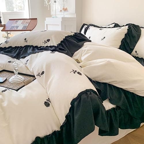 Sedefen Housse de Couette 140x200cm Volants Fleurs Broderies Parure de Lit Blanc Noir Feuille de Lotus 1 Personnes Ado Linge de Lit en Microfibre avec Fermeture Éclair et 1 Taie d'oreiller 65x65cm thumbnail 5