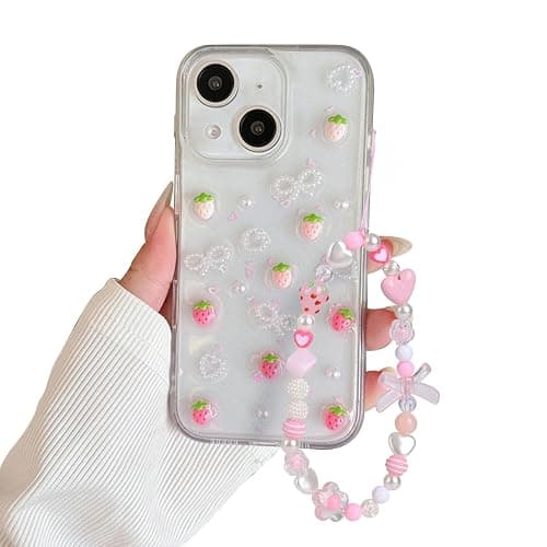 Fycyko Compatible for iPhone 15 3D Strawberry Pearl Bow Clear with Design Aesthetic Women Teen Girls Glitter Pretty Sparkle Sparkly Cute Girly Phone Cases Protective Cover+Pearl Chain - Image 1