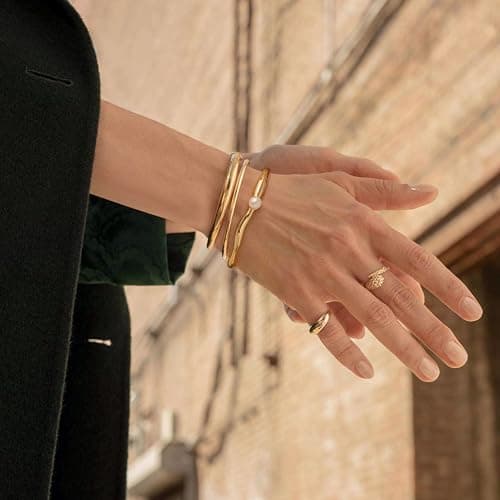 PERNNLA PEARL Dainty Gold Bar Bracelet for Women Simple Delicate Thin Cuff Bangle Hook Bracelet 18K Gold Plated Handmade Minimalist Jewelry thumbnail 3