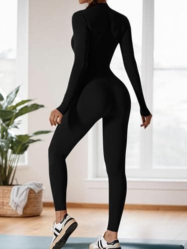 ECUPPER Women Long Sleeve Bodycon Jumpsuits Workout Zip Up Unitard One Piece Full Bodysuits Sexy Yoga Rompers Pants thumbnail 4
