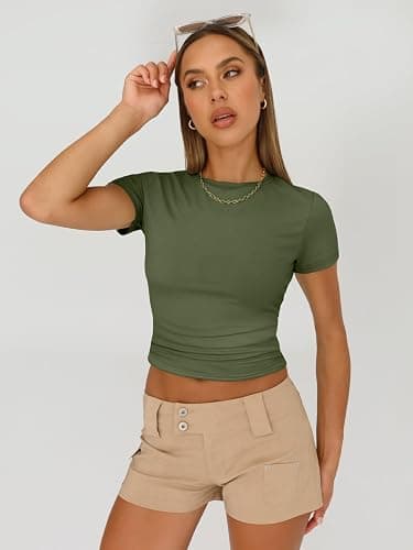 AUTOMET Women's 3 Pack Short Sleeve Shirts | Buttery Soft Slim Fitted Crop Tops, Stretchy Basic Tees for Summer, Layering & Everyday thumbnail 4