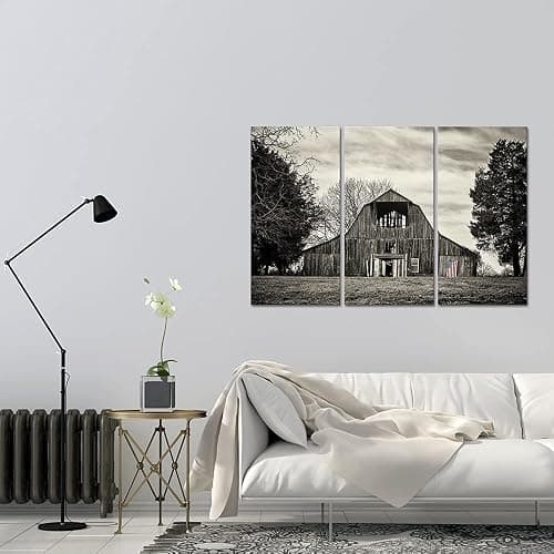 VANSEEING 3 Pieces Rustic Barn Canvas Wall Art Black and White Old Barn with USA Flag Painting Print Vintage Cabin Landscape Picture for Farmhouse Home Decor 16x32inchx3pcs thumbnail 3