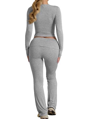 BORIFLORS Women's Workout 2 Piece Lounge Sets Long Sleeve Tops Foldover Flare Pants Casual Outfits Tracksuit thumbnail 2