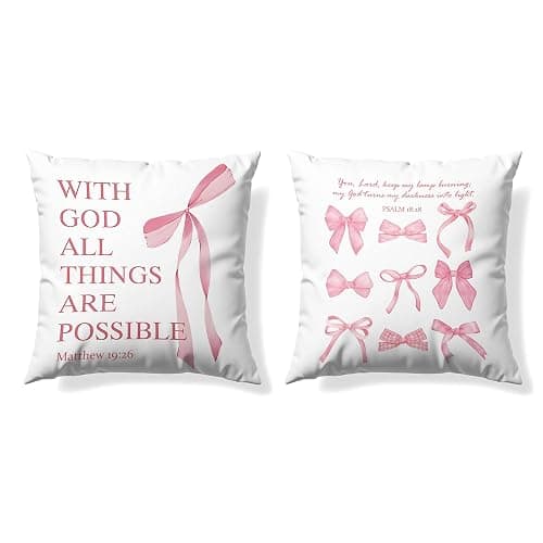 GTYNU Coquette Pink Bow Christian Throw Pillow Covers 18x18 Set of 2,Pink Bow Christian Room Bedroom Dorm Decor Aesthetic for College Teen Girls Gifts, Inspirational Bible Verses Bow Pillowcase(02) - Image 1