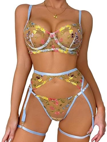 Kaei&Shi Vibrant Floral Embroidery, Underwire, Thong, Thigh Straps, Lingerie Set - 0-2 - Blue - Image 1