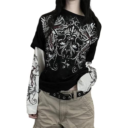 Y2k Fairy Grunge Graphic Long Sleeve Tees Tops Women E-Girls Aesthetic Gothic Skull Print Baggy T Shirts Emo Clothes - 0-black Retro Fashion Uiui - Small - Image 1