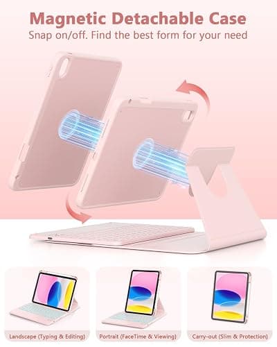 ZYNTHRALIX for iPad 11th (A16)/10th Gen Case Keyboard, Portrait/Tablet Mode | Detachable Magnetic Protective Case, Wireless Keyboard with Smart Trackpad, 7-Color Backlit, Landscape/Portrait, Pink thumbnail 4