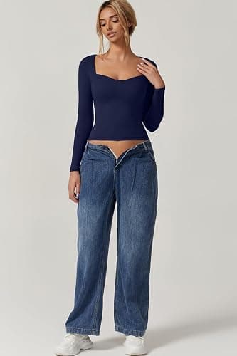 QINSEN Womens Slimming Fit Sweetheart Neck Long Sleeve Basic Crop Tops Stretch Going Out Tee Shirt thumbnail 3