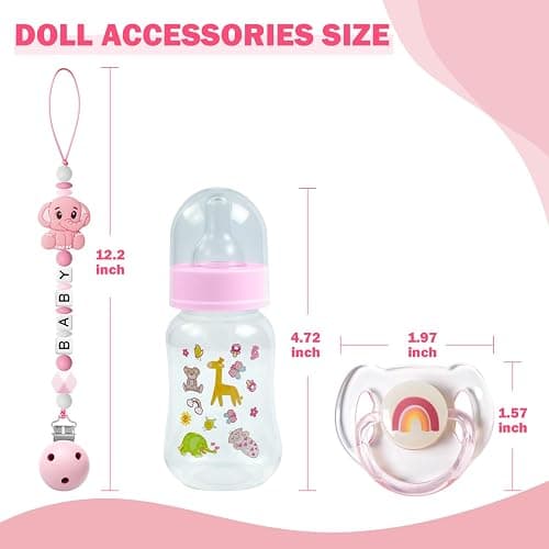 SCOM Reborn Baby Dolls Accessories Set - Rainbow Transparent Magnetic Pacifiers & Removable Reusable Baby Doll Bottles with Silicone Pacifier Clips for Reborn Dolls Girls, Pink Style, 3 Pcs thumbnail 3
