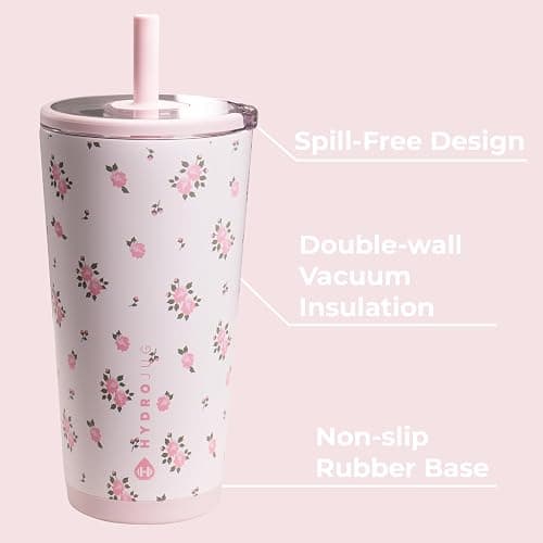 HydroJug Everyday Tumbler 20 oz – Ceramic-Lined Insulated Tumbler with Straw and Soft-Touch Lid, Cup Holder Friendly, Double-Wall Vacuum Insulation, Reusable Travel Cup – Wildrose thumbnail 4