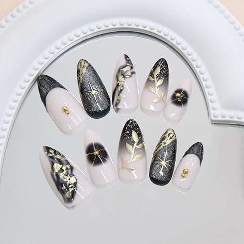 MouyouGlow Press on Nails Kurz,Almond Schwarz Glitzer French 3D Gold Sterne Blumen Floral Design Mandel Y2k Fake Nails,Black Tips Star Bling INS Sweet Künstliche Fingernägel thumbnail 3