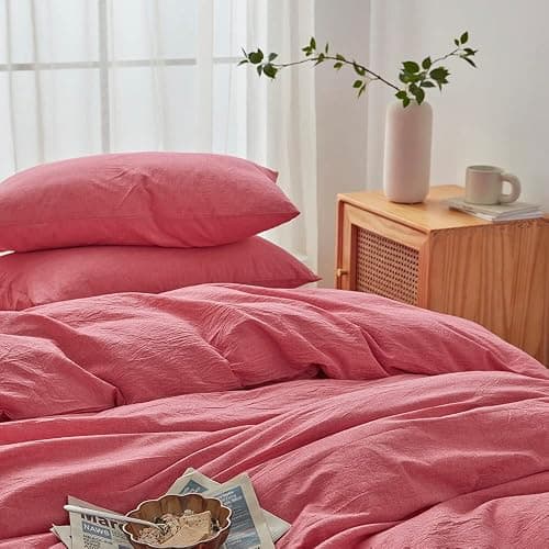 FACE TWO FACE Bedding Duvet Cover Set100% Washed Cotton Duvet Cover Linen Like Textured Breathable Durable Soft Comfy (King, Red) thumbnail 6