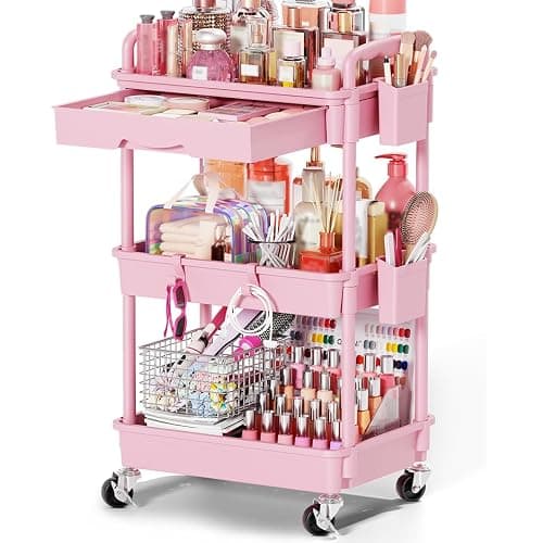 Goovilla Rolling Makeup Organizer Cart with Removable Drawer, 3 Tier Pink | Stable Floor Skincare Storage Cart for Vanity, Cosmetic Display, Nail Polish, Perfume, Hair Stuff, Beauty, Bathroom(Plastic) - Image 1