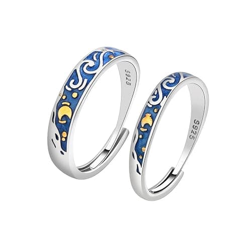 Lnnmomn 2pcs Vintage Style Van Gogh Starry Sky Couple Rings Starry Night Van Gogh Open rings for Women Vintage Silver Adjustable Gifts Jewelry - Image 1