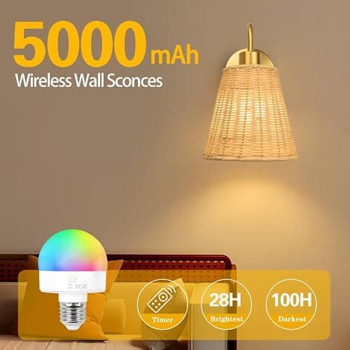 Rattan Battery Operated Wall Sconces set of Two,Rechargeable Wall Sconces with 5000mAh Dimmable Bulb and Remote,LED 12 Colors Boho Wall Lighting with Remort for Bedroom Living Room Hallway Wall Decor thumbnail 2