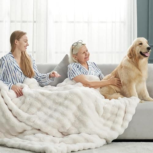 Cozy Bliss Faux Fur Throw Blanket for Couch, Fuzzy Soft Plush Thick Bubble Blanket for Sofa Bedroom Living Room, 50 * 60 Inches Cream White thumbnail 2