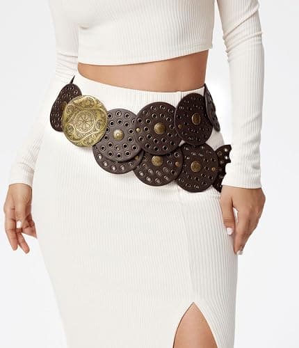 WULIQIUQIU Wide Disc Belt for Women Boho Concho Leather Belts Vintage Western Waist Belt thumbnail 2