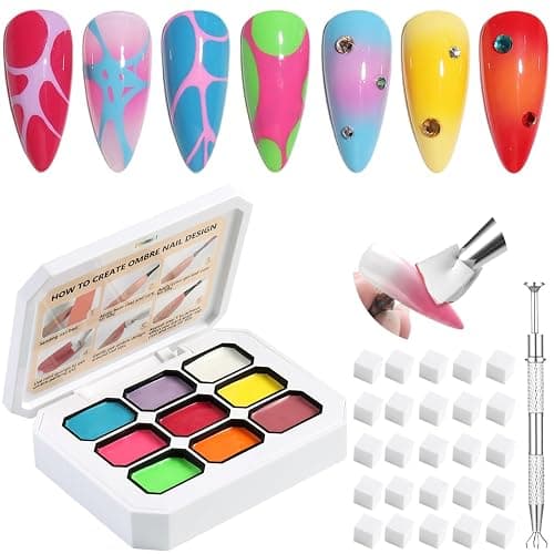 Fcozpjk Ombre Paint Nail Gel, 9 Colors Neon Gradient Patting Gel Polish with 50PCS Sponges Aura Nails Blush Flower French Tips Drawing Summer Hot Pink Green Blending Gels Manicure Palette UV/LED Cure - Image 1