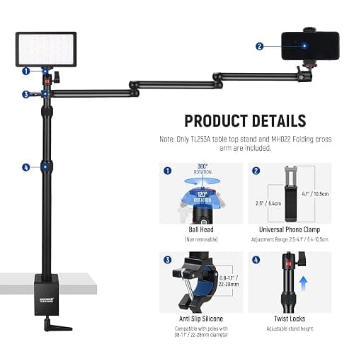 NEEWER Upgraded Overhead Camera Rig with Trifold Camera Boom Arm (Max Load 2lb), 47"/1.2m Telescopic Desk Mount Stand (Max Load 8.8lb) with Phone Clamp Ball Head for LED Light Webcam Mic, TL253A+MH022 thumbnail 8