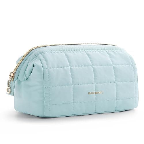 BAGSMART Makeup Bag Travel Toiletry Bag, Puffy Padded Make Up Bags for Women Makeup Organizer Case, Wide-open Pouch Purse Travel Essentials Toiletries Accessories Brushes, Light Blue - Image 1