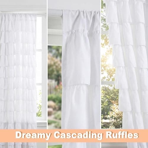 Hahafelt Dorm White Ruffle Curtain Flounced Ruffle Rod Pocket Curtain 52" W x 84" L Girl Preppy Curtains Panel Filtering for Dorm Bedroom Dining Bathroom Living Room Window Decor thumbnail 3