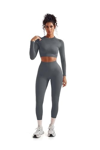 SUUKSESS Women 2 Piece Workout Sets Hidden Scrunch Hip Lifting Seamless Leggings Long Sleeve Yoga Crop Tops thumbnail 2