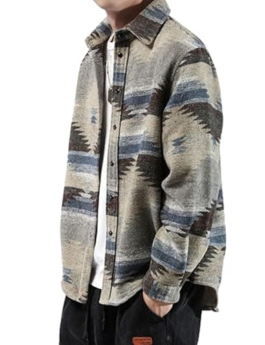 FindThy Men’s Brushed Flannel Shirts Ethnic Aztec Print Button Up Lapel Tribal Shirt Jacket Shacket thumbnail 3