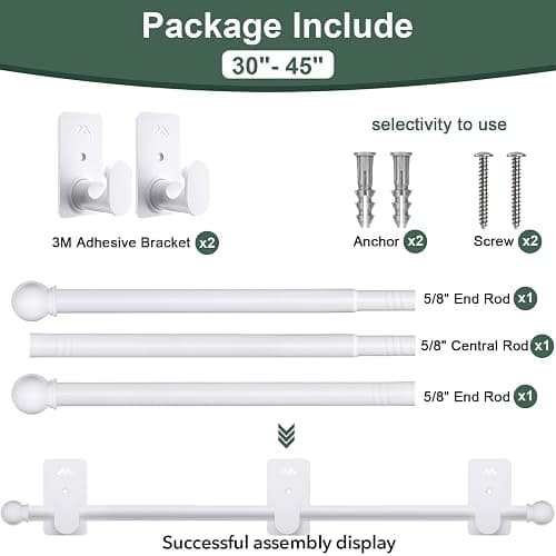 ZNONOX Curtain Rods No Drilling for Windows 30 to 45 Inches,5/8 Inch Diameter No Drill Curtain Rod Set with 3M Adhesive Brackets, White thumbnail 5