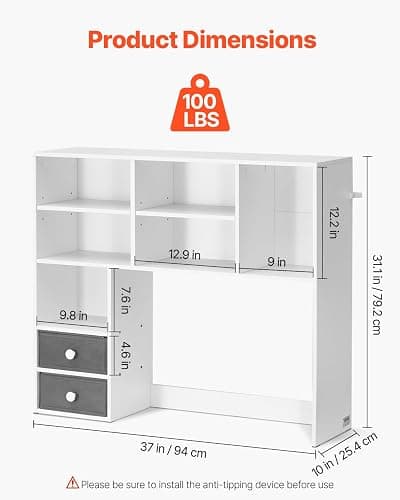 VEVOR 3-Tier Desktop Bookshelf, 37" x 10" x 31.1" Office Storage Rack, Modern Style, Melamine Finish, Heavy Duty, 3 Shelves, Large Capacity, Easy Assembly, Wall Mountable, White thumbnail 3