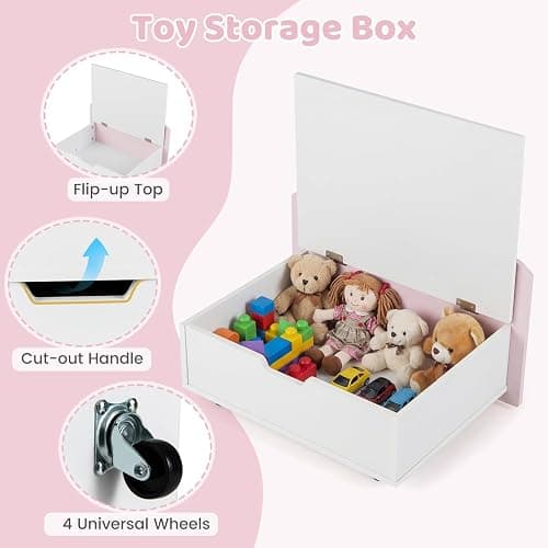COSTWAY Kids Bookcase, Toy Organizer with Movable Drawer (Pink+White) | Flip-up Top, 4 Universal Wheels & Anti-toppling Kit, Wooden Children Bookshelf for Playroom, Daycare, Nursery thumbnail 5